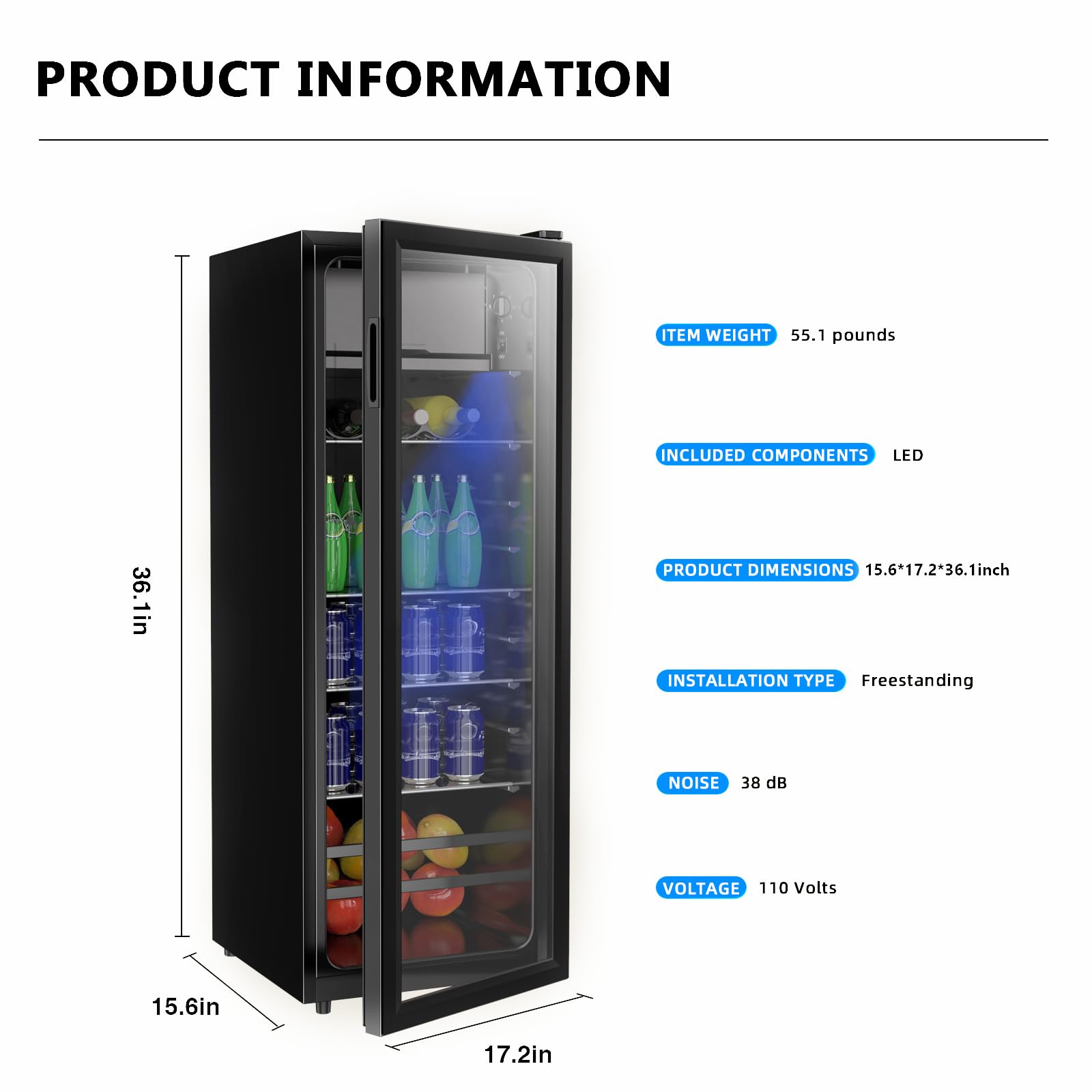 Borcolo Beverage Refrigerator, 180 Can Mini Fridge Glass Door For Soda, Beer Or Wine With LED Light, Temperature Control, Compact Mini Bar Adjustable Removable Shelves For Home/Office 4.8 Cu.Ft on Fridge.com - View 5