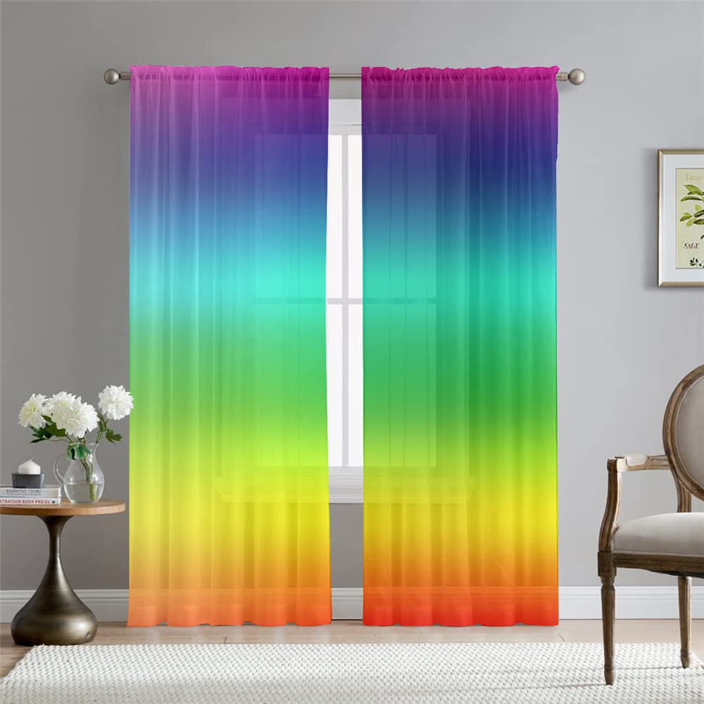 Hiseng Voile Curtains for Bedroom 2 Panels, Soft Sheer Curtains Translucent Window Screen Tulle Door Drapes for Living Room Balcony Home Decorative (W108*H245,rainbow)