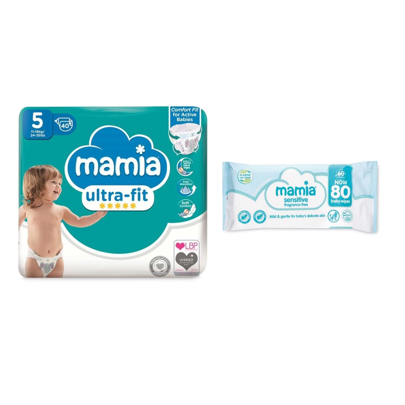 Mamia Size 5 Nappies 40 Pack + 80 Fragrance Free Baby Wipes