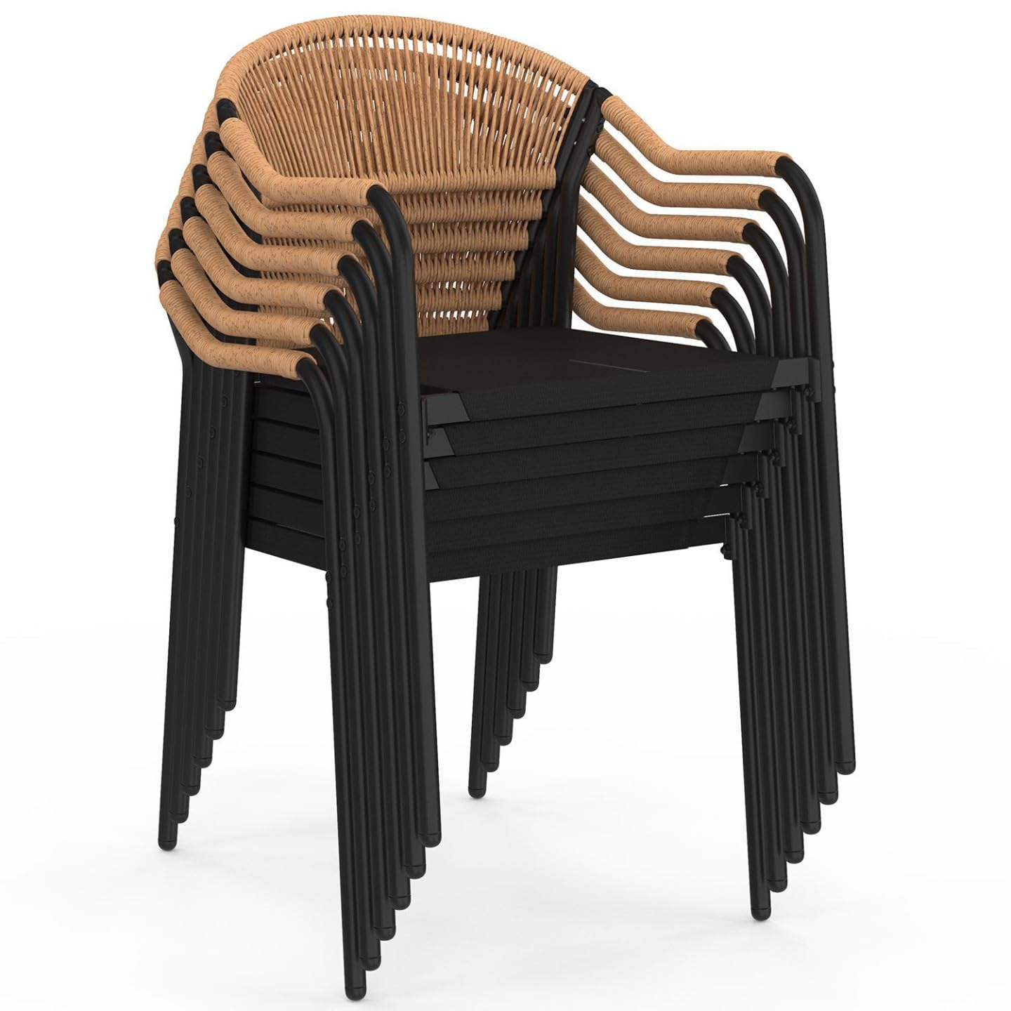 IDMarket - Lot de 6 chaises de Jardin Madeira métal, Cordage et textilène Noir et rotin Clair