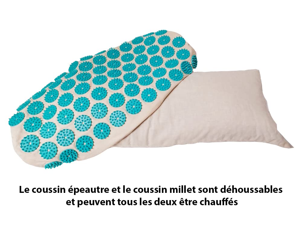 CLIMSOM ZEN - Coussin Chauffant Cervicales Acupression, Textile et Garnissage 100% Bio, Garnissage Naturel Épeautre, Fourni avec Livret Conseil (Bleu)