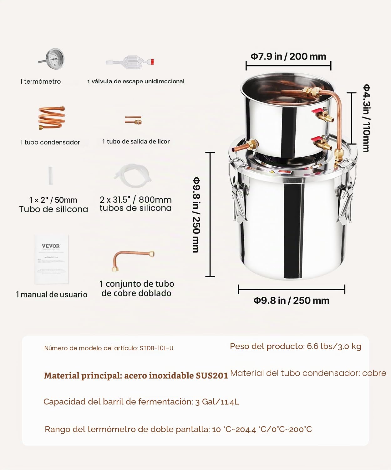 VEVOR Destilador de Alcohol Acero Inoxidable 11,4 L Bobina de Cobre Kit Fermentación Cerveza Casera