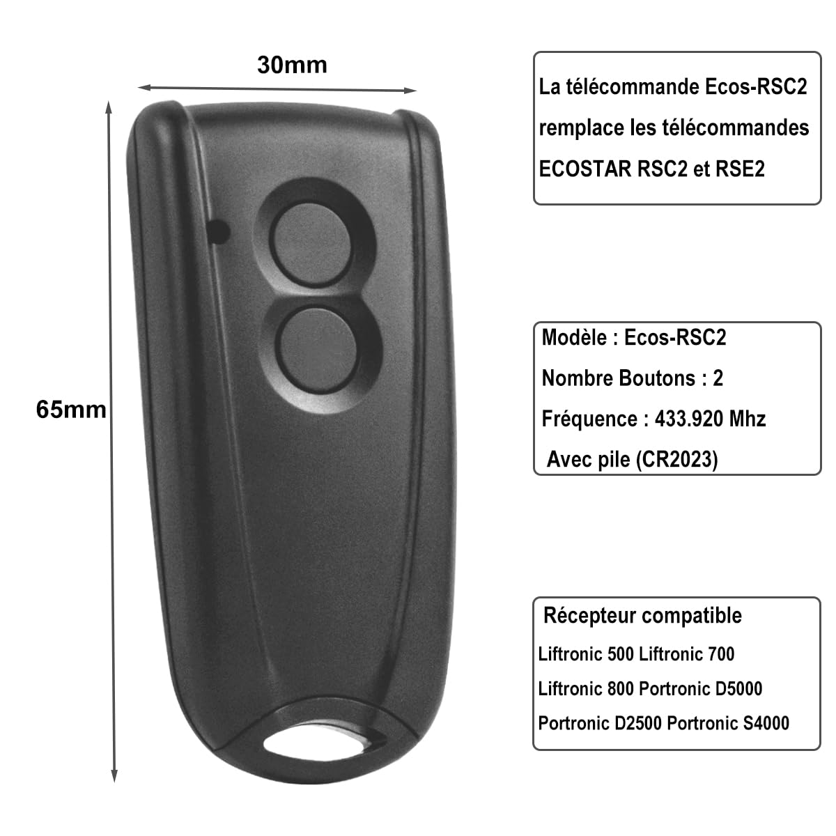 Mando a distancia para puerta de garaje Eco-RSC2 a distancia Ecostar 433Mhz compatible con Ecostar Hormann: RSC2, RSE2 RSZ1, AGS: RSC2, RSE2 Frecuencia 433Mhz-1PACK