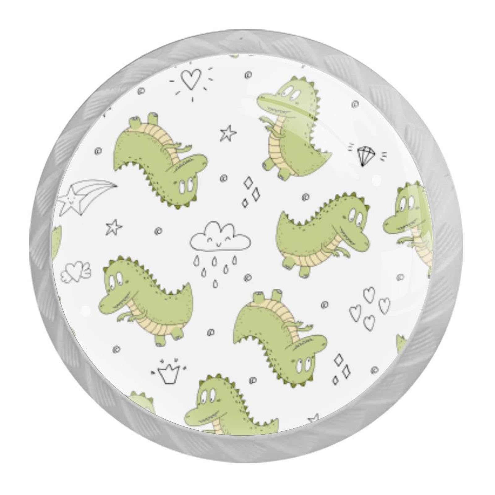 Tqmspg 4 Pieces Drawer Pulls Cute Dinosaur Doodle Pattern Door Knobs Dresser Handles for Kitchen Wardrobe Cupboard Hardware Furniture