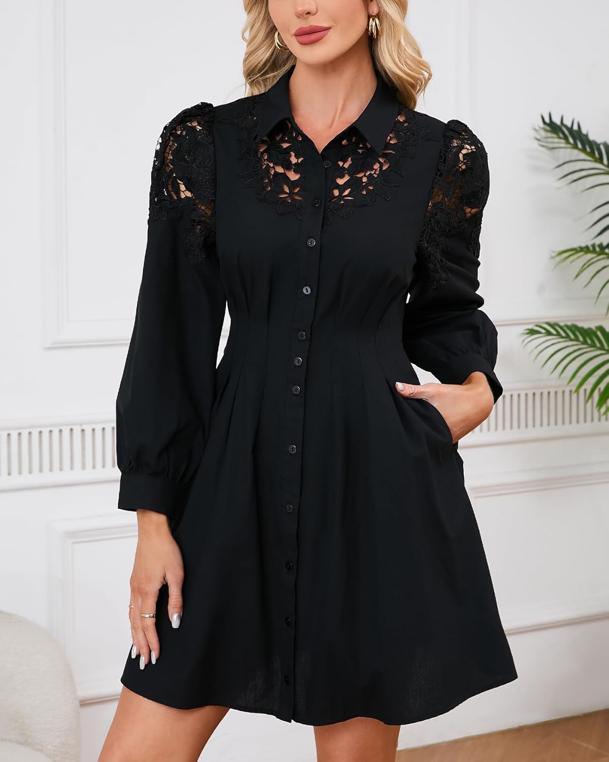 Women’s Button Down Tunic Shirt Dress Long Sleeve Smocked Waist Patchwork Lace Casual Mini Dress - Image 4
