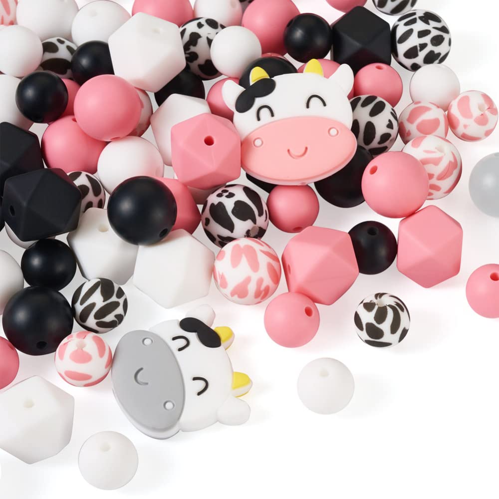Cheriswelry 100Pcs Cow Print Silicone Beads Pink White Cow Animal Beads for Keychain Necklace Bracelet Making DIY Crafts - Image 2