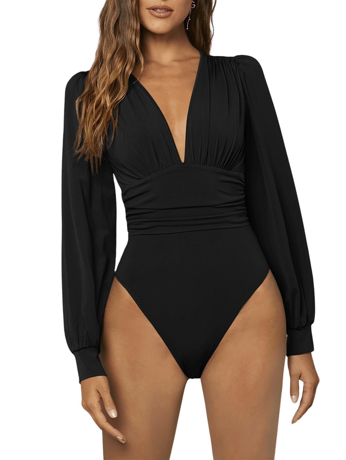 Sexy Women Deep V Neck Ruched Long Sleeve Plunge Bodysuit-image-5
