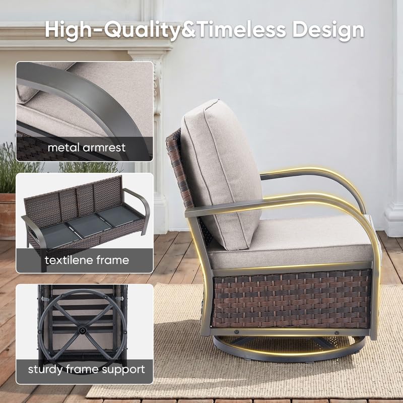 Image of 3 Piece Outdoor Patio Wicker Swivel Rocker Chairs with Table, Beige Cushion | Metal Wide Armrest, Wicker Outdoor Furniture Set, Water-Resistant, Fade-Resistant, Removable Cover, Stain-Resistant
