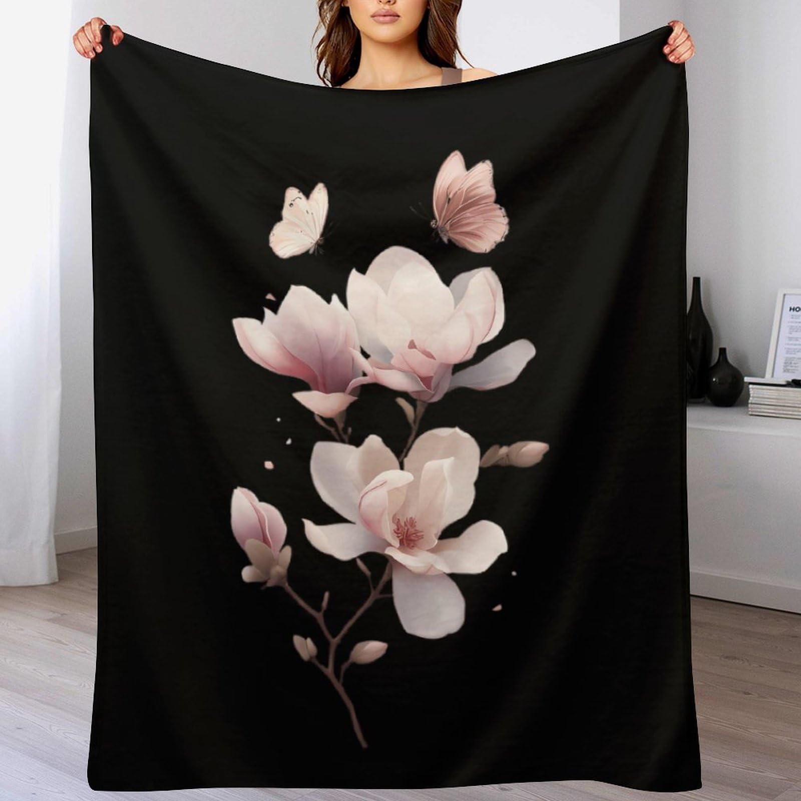 Überwurfdecke aus Fleece, Motiv: Magnolienblume mit Schmetterling, weich, leicht