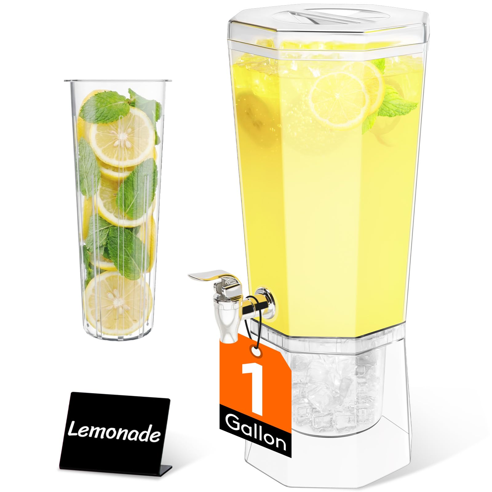 Lifewit 4L Drink Dispenser with Tap, Plastic Beverage Dispenser for Party with Stand & Ice Core, Clear Water Containers with Lid for Juice/Lemonade/Soda/Tea, BPA Free