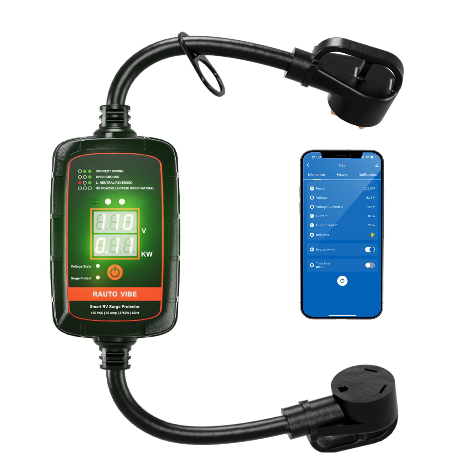 P2 WiFi Smart RV Surge Protector 30Amp EPO | Kilowatt-Hour Meter, App Control, Voltage Protection, Auto-Reconnection, Built-in Buzzer, Replaceable Module UL Listed Weather Resistant 125VAC