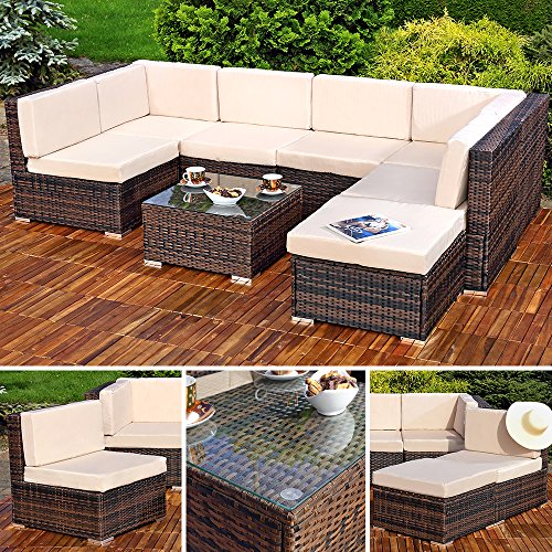 Melko Garten Ecksofa Polyrattanlounge Sitzgarnitur Gartenlounge mit Kissen, Verbindungsclips und Schraub-Ausgleich-Standfüße