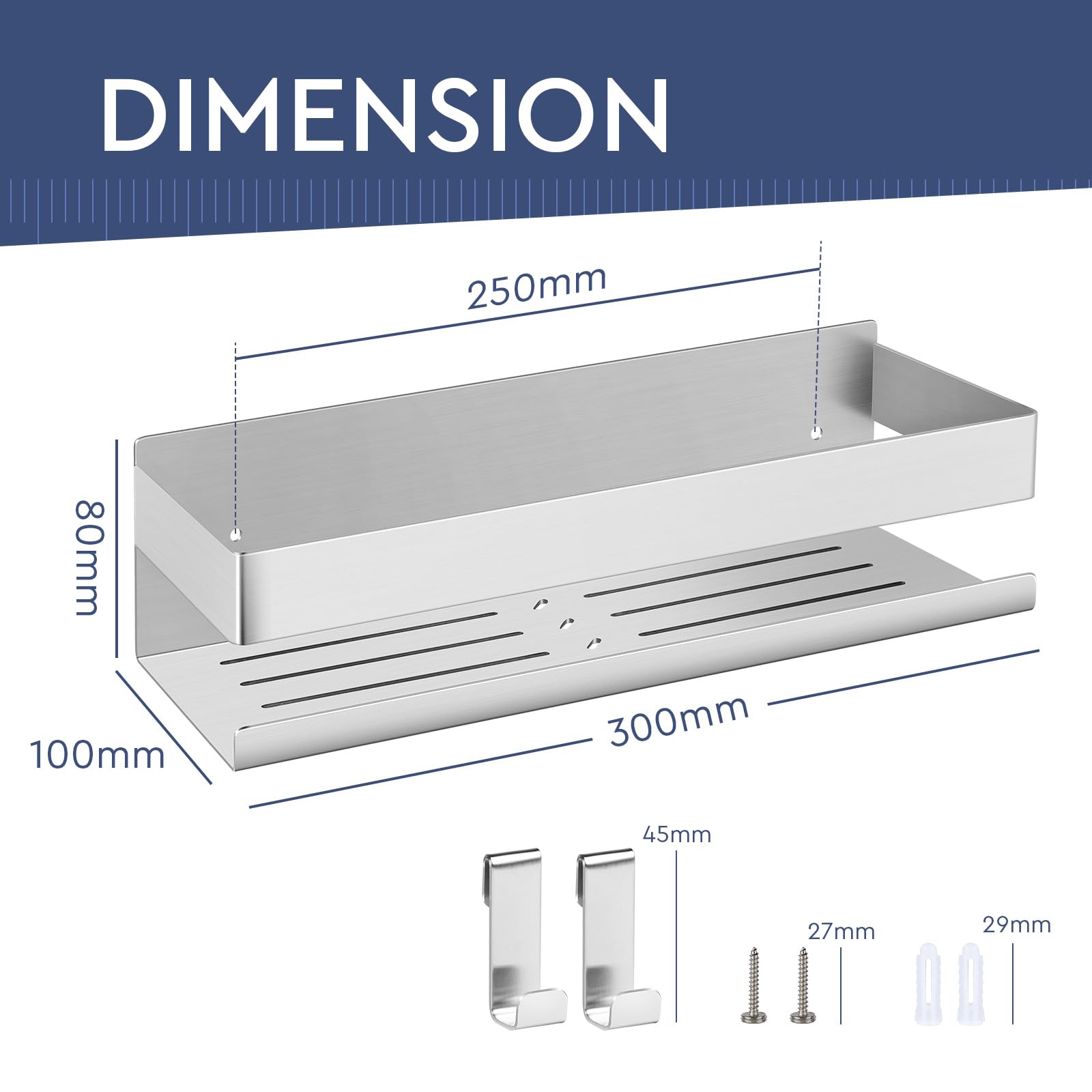 EXLECO Mensola Doccia Senza Foratura 30 CM Acciaio Inox Cromo Spazzolato con 2 Ganci Mobili Porta Shampoo