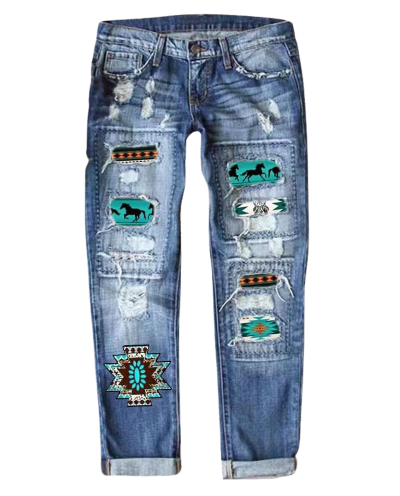 BIVENANT Plus Size Boyfriend Jeans for Women Trendy Cowboy Patch Work Distressed Jeans Casual Baggy Ripped Bling Blue Pants