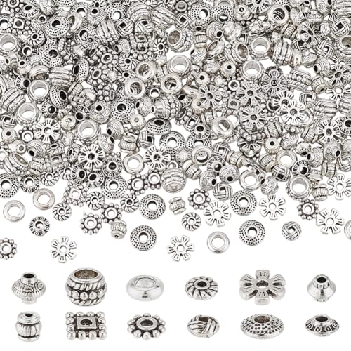 PH PandaHall 360 cuentas espaciadoras tibetanas de 12 estilos, cuentas espaciadoras de metal de plata envejecida, cuentas espaciadoras de aleación de tubo pequeñas planas redondas sueltas para hacer