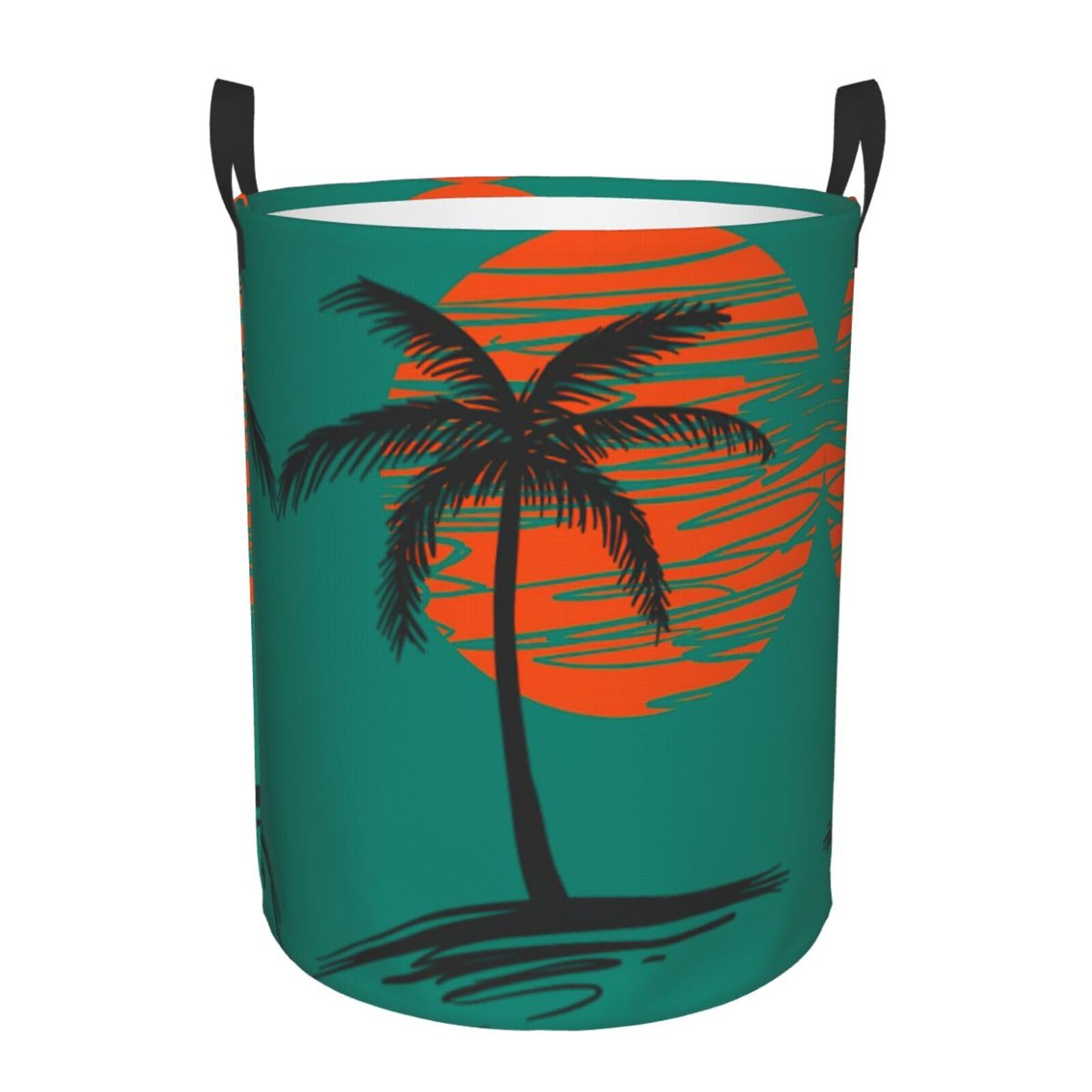 Illustration Of Palm Trees Circular Laundry Basket Dirty Clothes Storage Hamper Collapsible With Handles Bedroom Bathroom