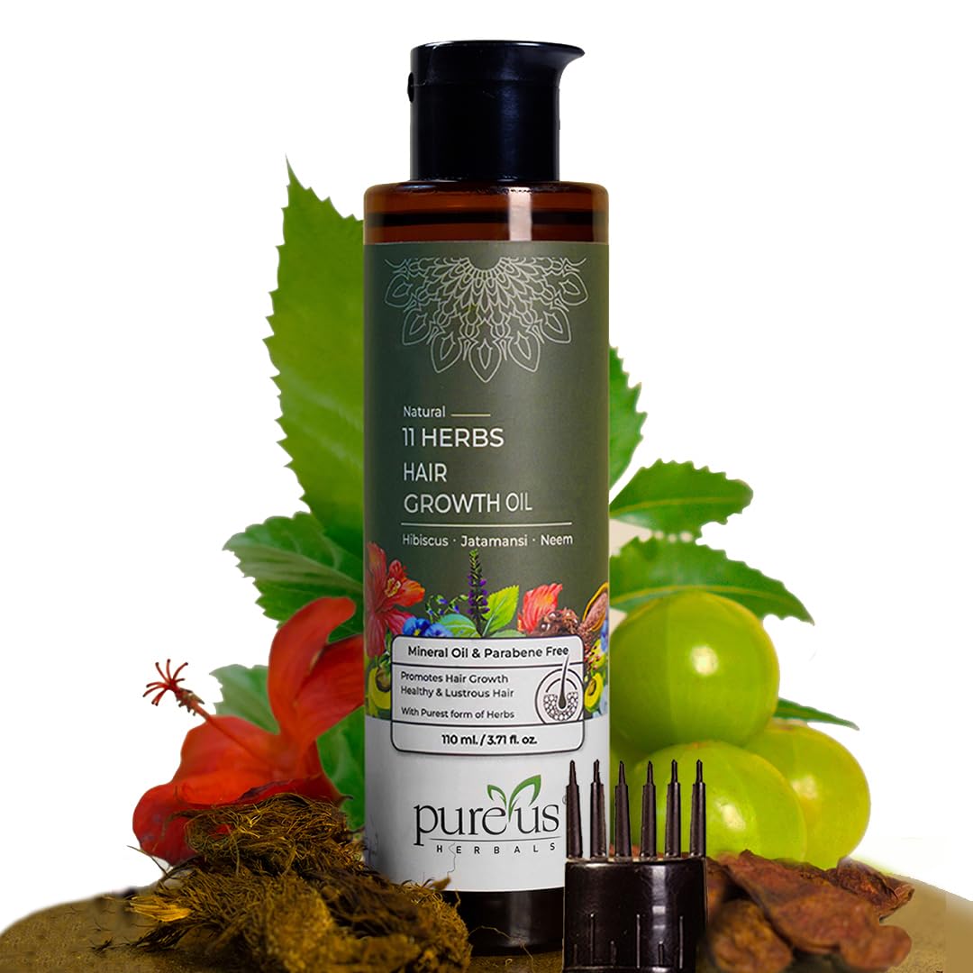 Pureus Herbals 11 Herbs Keshabooti Herbal Hair Growth Oil for Hair Fall Control, Growth & Thickness – Natural Hibiscus, Neem & Jatamansi – Mineral Oil & Paraben Free with Comb Applicator – 110ml-image-0