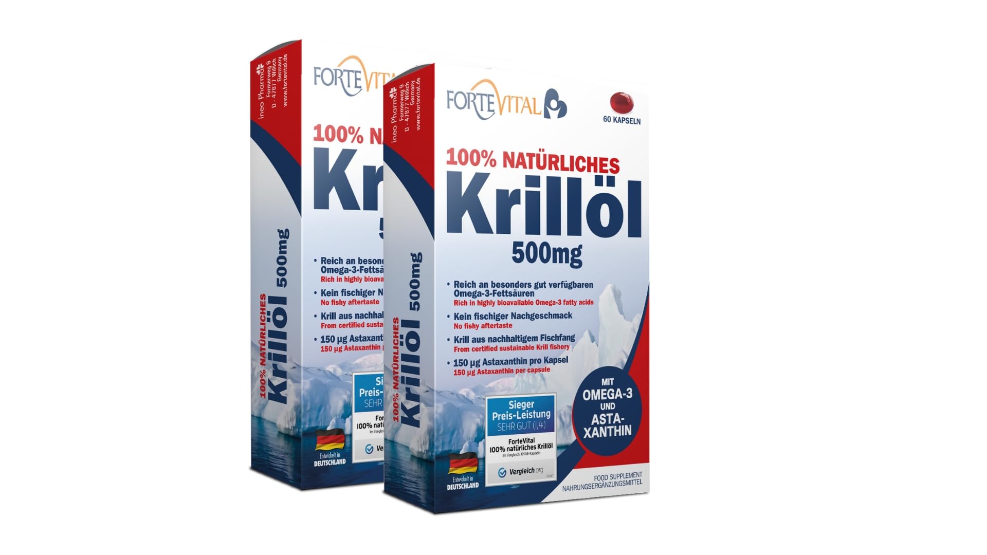 ForteVital - Krillöl Kapseln - 1500mg hochdosiert - 120 Kapseln im Blister | hochwertiges Krillöl aus der Antarktis mit Omega 3 + Astaxanthin & Cholin - reich an EPA & DHA - nachhaltig und laborgeprüft