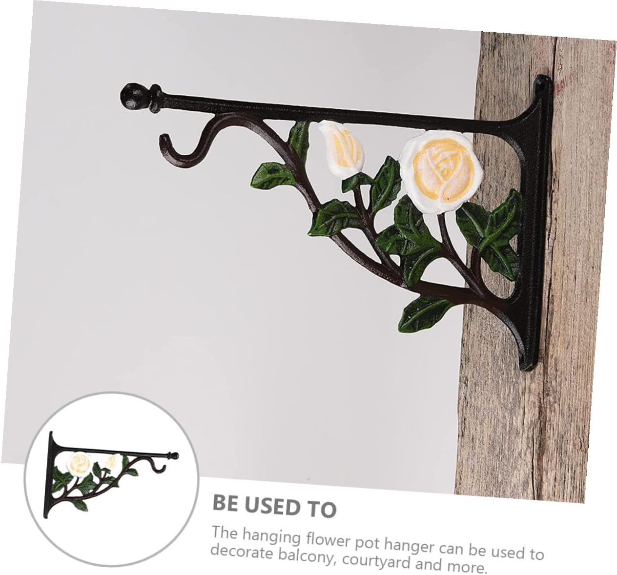 Cast Iron Wall-Mounted Flower Basket Hook with White Rose Pattern, Sturdy Hanging Bracket for Flowerpots, Bird Feeders, Wind Chimes, Suitable for Indoor and Garden Outdoor Décor