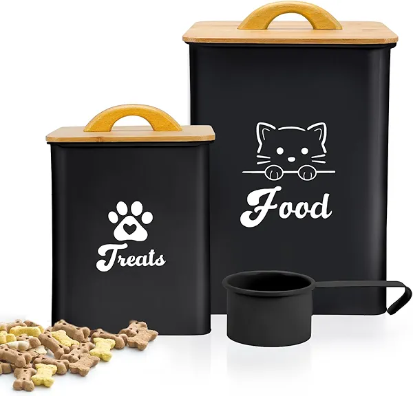 Dekosilave Cat Food Storage Container with Scoop, 2PCS Cat Food Storage Container with Lids Airtight, Cat Treat Jars for Kitchen Counter-7+3Lbs, Cat Cookie Jar for Storage, Black