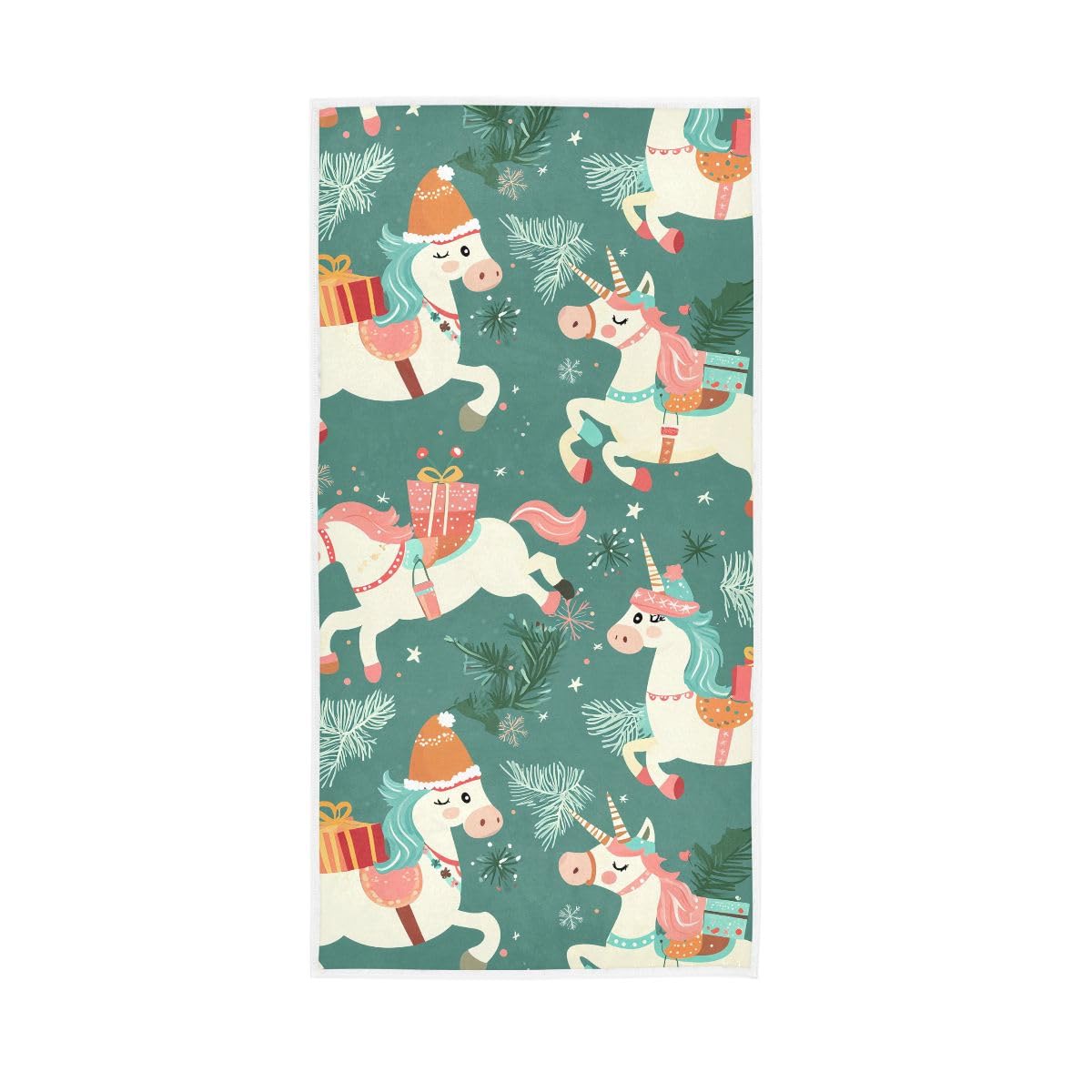 LSRCPD Cartoon Unicorns Christmas Green Hand Towel, Multipurpose Shower Towels for Hand, Face, Hair, Bath 15 x 30 Inches