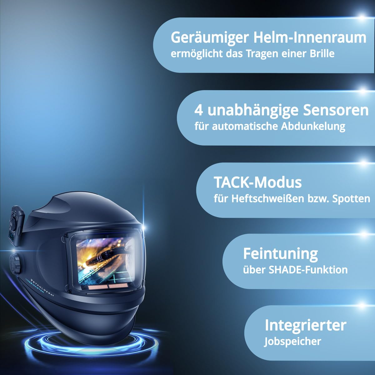 STAHLWERK Automatik-Schweißhelm 3-in-1 Master AIR – Schweißhelm mit Frischluftzufuhr, Funktionssteuerung per Bluetooth, True-Colour-Farbwiedergabe, Abdunkelung DIN 4 bis DIN 14, Optik-Klasse 1/1/1/1