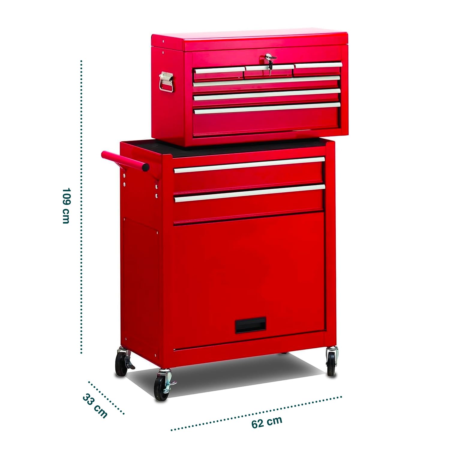 Avilia Carrello Porta Attrezzi Completo con Ruote per Officina - Acciaio Rosso Scomponibile, 5 Cassetti e Scomparti Chiudibili, 61.6x33x108.7 cm, Ideale per Meccanico, con Ruote
