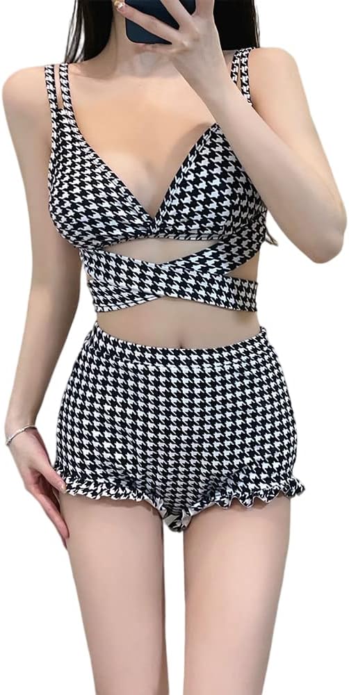[fyetemon] 水着 レディース 上下2点セット ビキニセット チェック柄 体型カバー かわいい ハイウエスト 海水浴 温泉 水泳