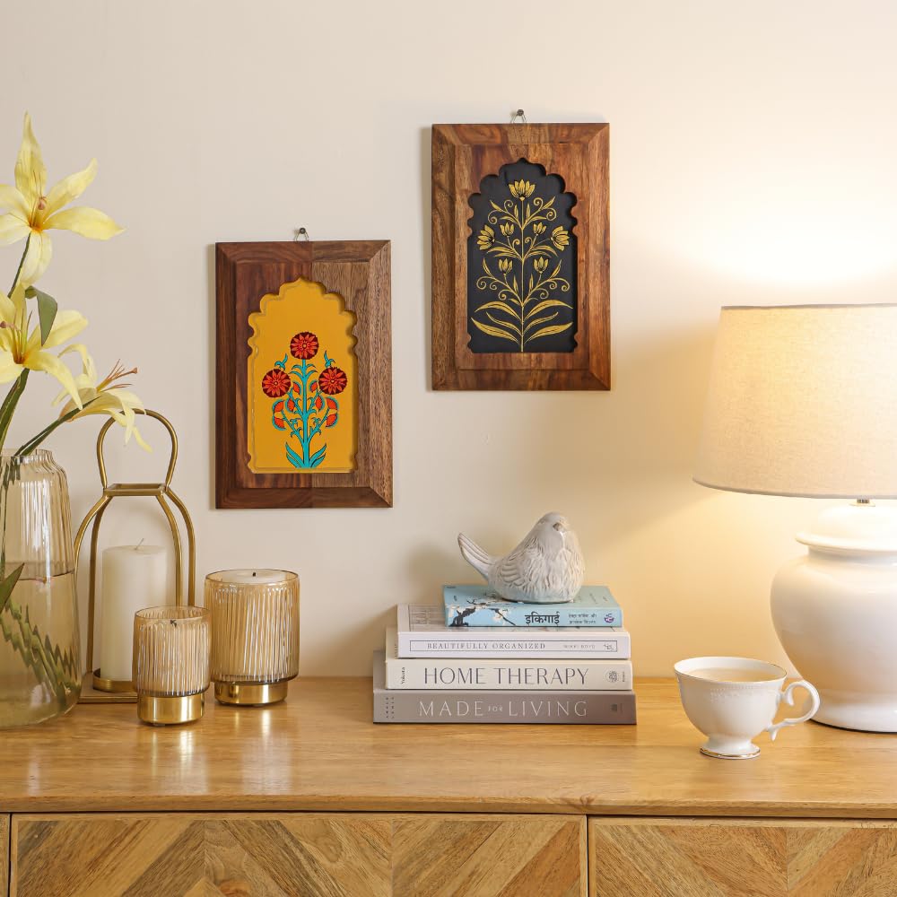 Mirai woods Vivaswan Hand-Painted Sheesham Wood Wall Decor Plates (Set of 2, 8x12 Inch) | Traditional Wooden Jharokha Wall Hanging Frames for Living Room, Home Decoration & Gifting (Yellow & Black)-image-46