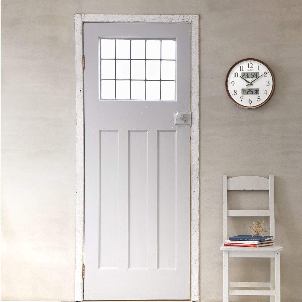 送料無料】リズム 掛け時計 茶 34x5.3cm 電波 アナログ 連続秒針 温度