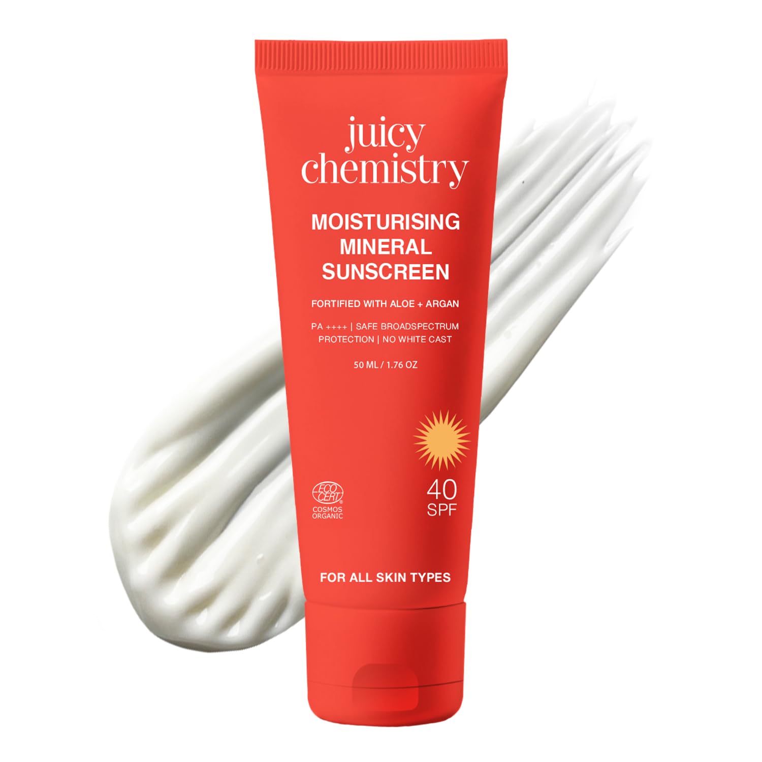 Juicy Chemistry Moisturising Mineral Sunscreen, 50ml | In - Vivo Tested SPF 40 & PA ++++ | With Aloe + Argan | Broadspectr...