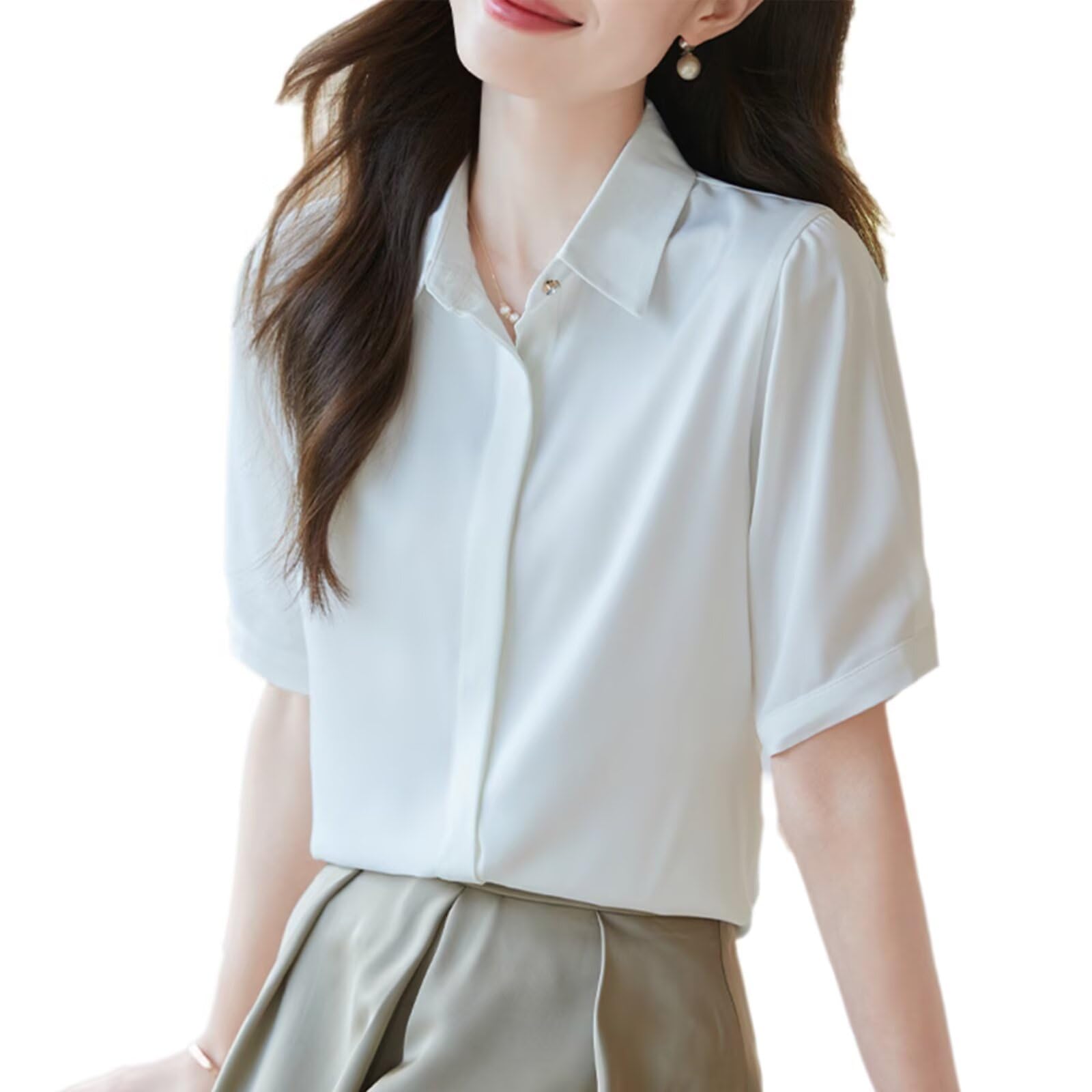 HNVAVQ Camicia in Seta Donna Classica Blusa Maniche Corte con Bottoni Camicia Formale per Lavoro Ufficio