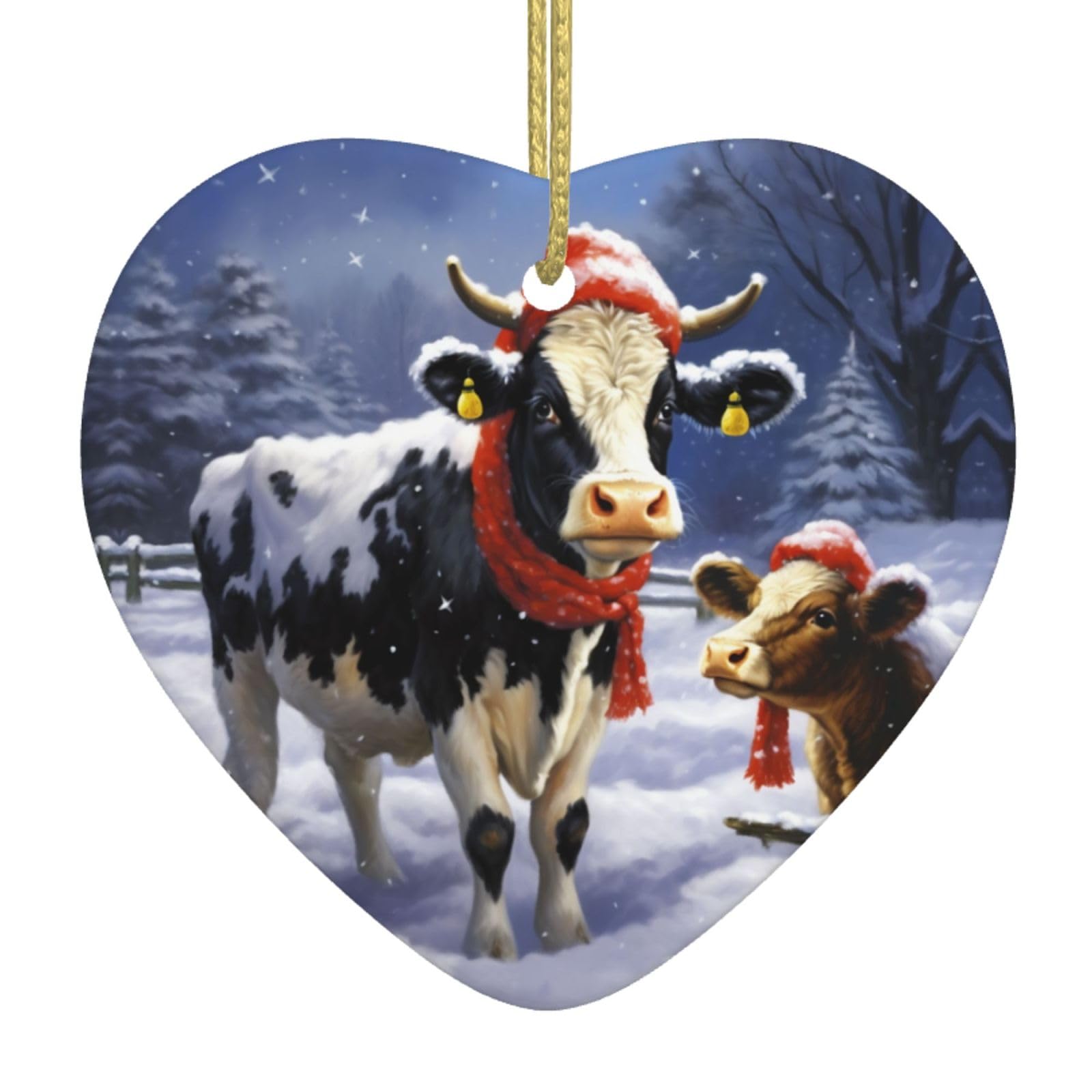 Ceramic Christmas Tree Hanging Ornaments with Gold Ropes Christmas Tree Decorations Heart Ceramic Christmas Snow Cow Pendant Keepsake Decorations for Holiday Xmas Gift Ideas