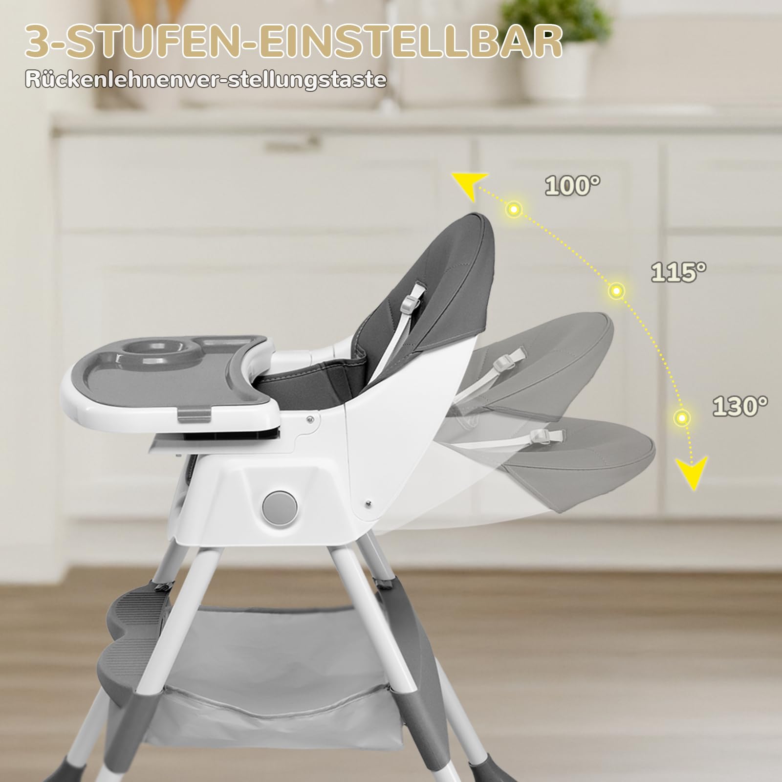 LEADZM Trona 3 en 1 para bebé, se convierte en mecedora, bandeja doble extraíble, trona plegable para bebé con ruedas giratorias y cesta de almacenamiento, para bebés de 6 a 36 meses (gris)