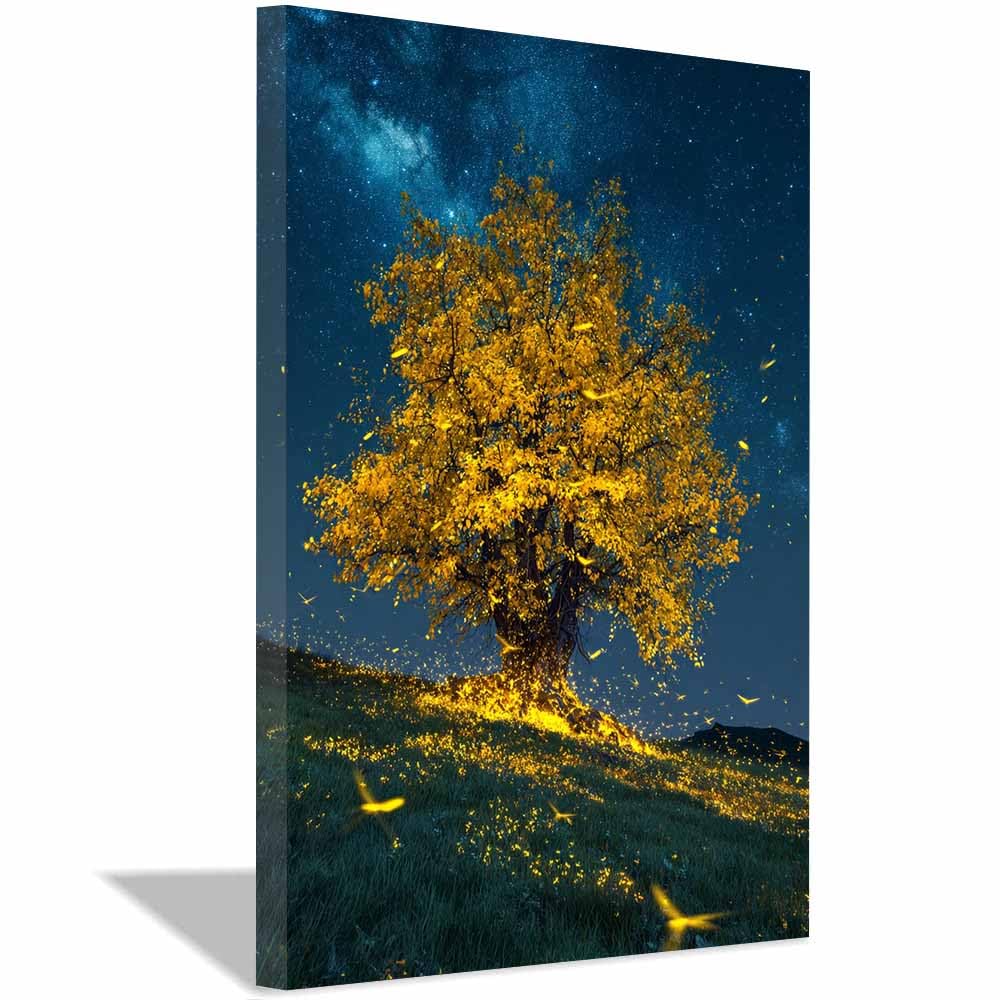 HOQIU Canvas Wall Art Glow Lights Oak Tree tree poster, landscape wall art, for Living Room Bedroom Bathroom.(Multicolor)-30x40cm Framed