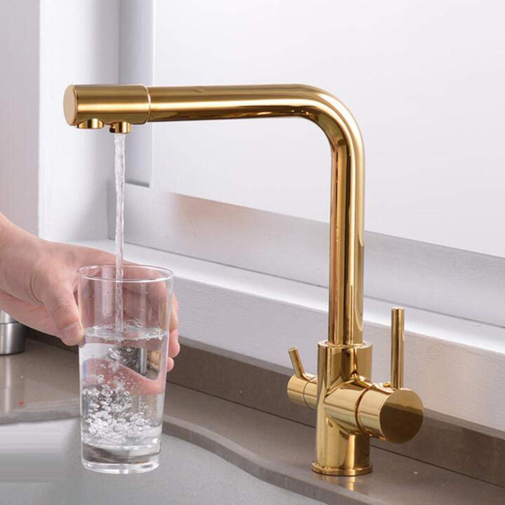 ZQFHSX Brass Kitchen Sink Mixer Tap with Water Filter, Hot & Cold Rotating Faucet for Direct Drinking