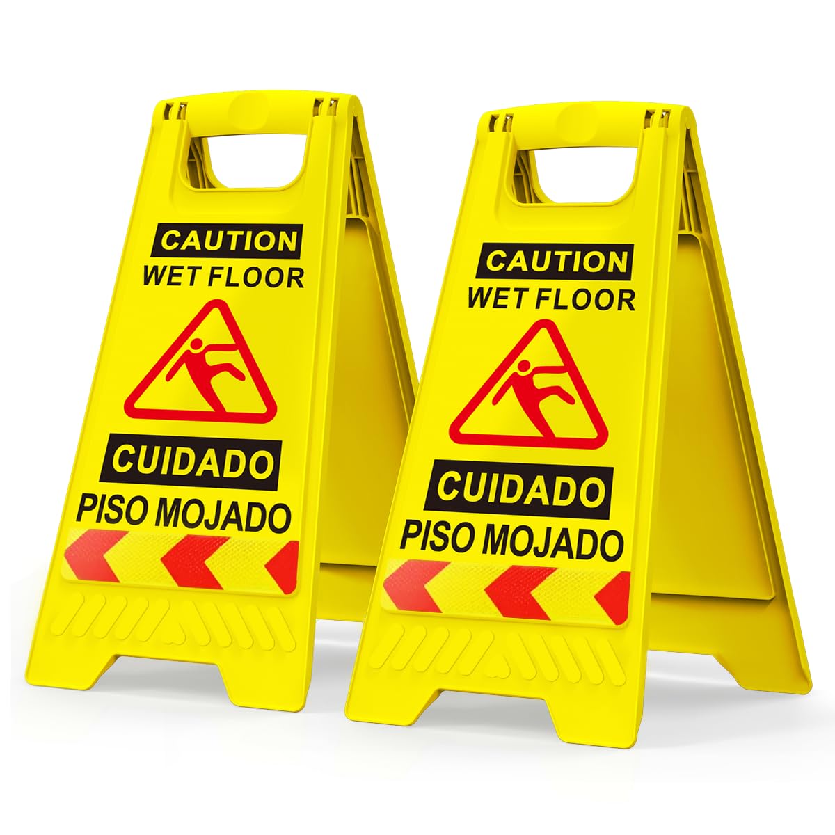 2 Pack Wet Floor Sign, Upgraded Wet Floor Sign with Reflective Tape, 17.5" Height Double-Sided Bilingual Warning Signs for Shop Restaurant Hotel