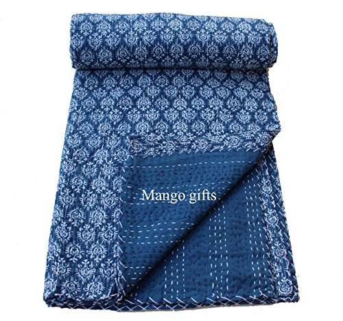 Mango Gifts Couvre-lit indien Kantha Indigo en coton fabriqué par des artisans indiens 152,4 x 228,6 cm environ Cover