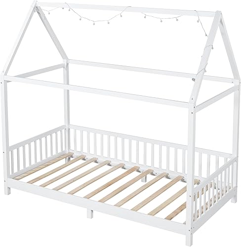 Miniatura 5 de Bellemave Cama Montessori de tamaño individual para niños, camas de piso de madera con luz LED y barandillas de cerca, cama de casa de juegos para