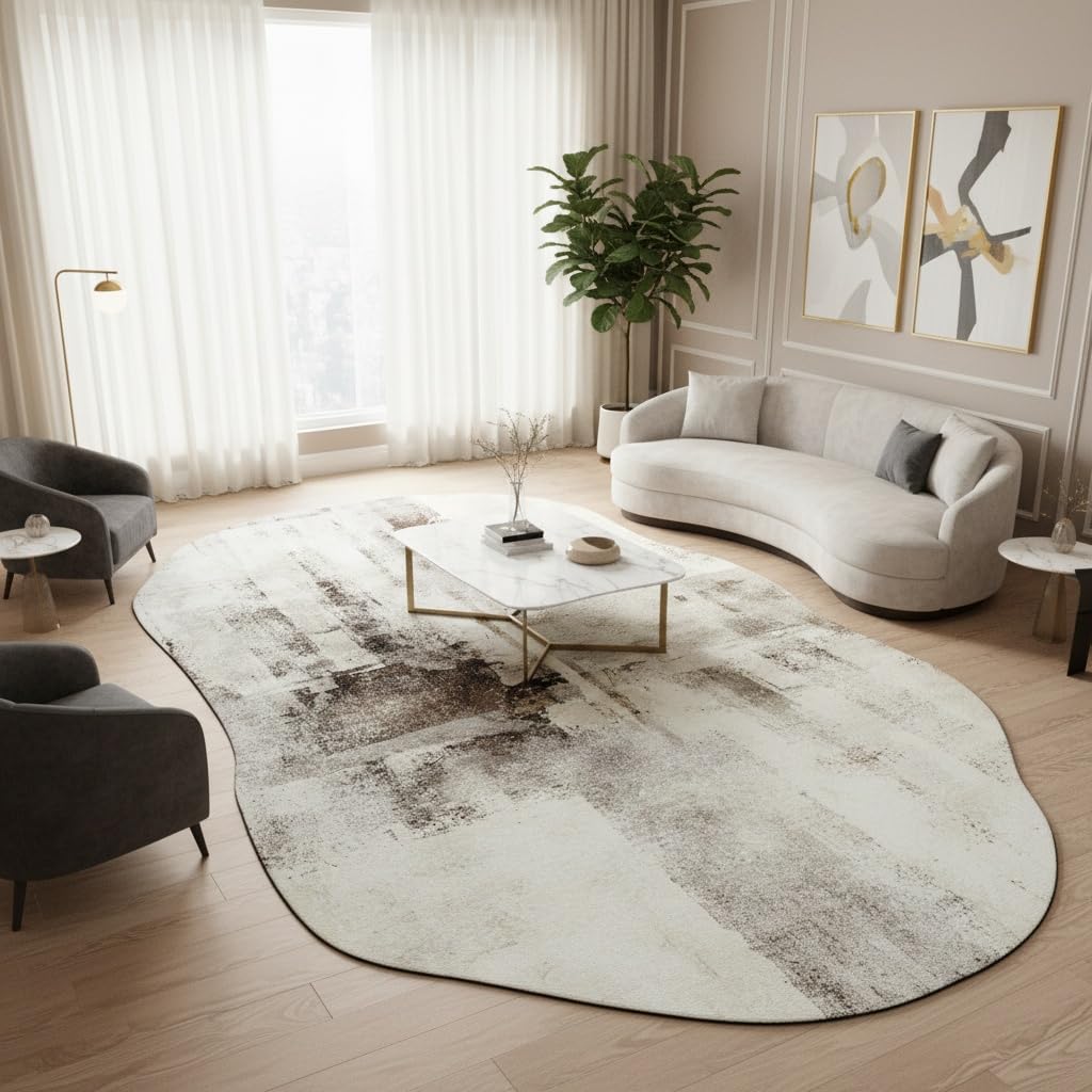 Beige Modern Abstract Shaped Area Rug for Living Room Bedroom Dining Room Contemporary Washable Carpet Home Office Accent Contemporary Distressed Rug