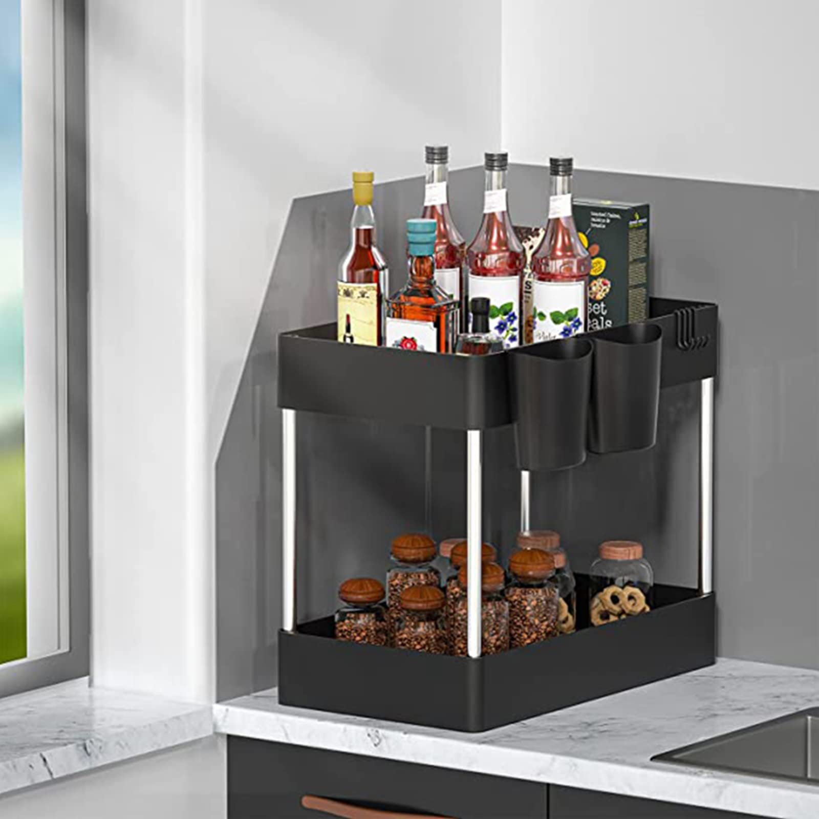 Organizador de Almacenamiento para Debajo del Fregadero, Organizador de Armario de Cocina y Cesta de Almacenamiento con Ganchos, 2 Niveles para Organizador de baño y Cocina