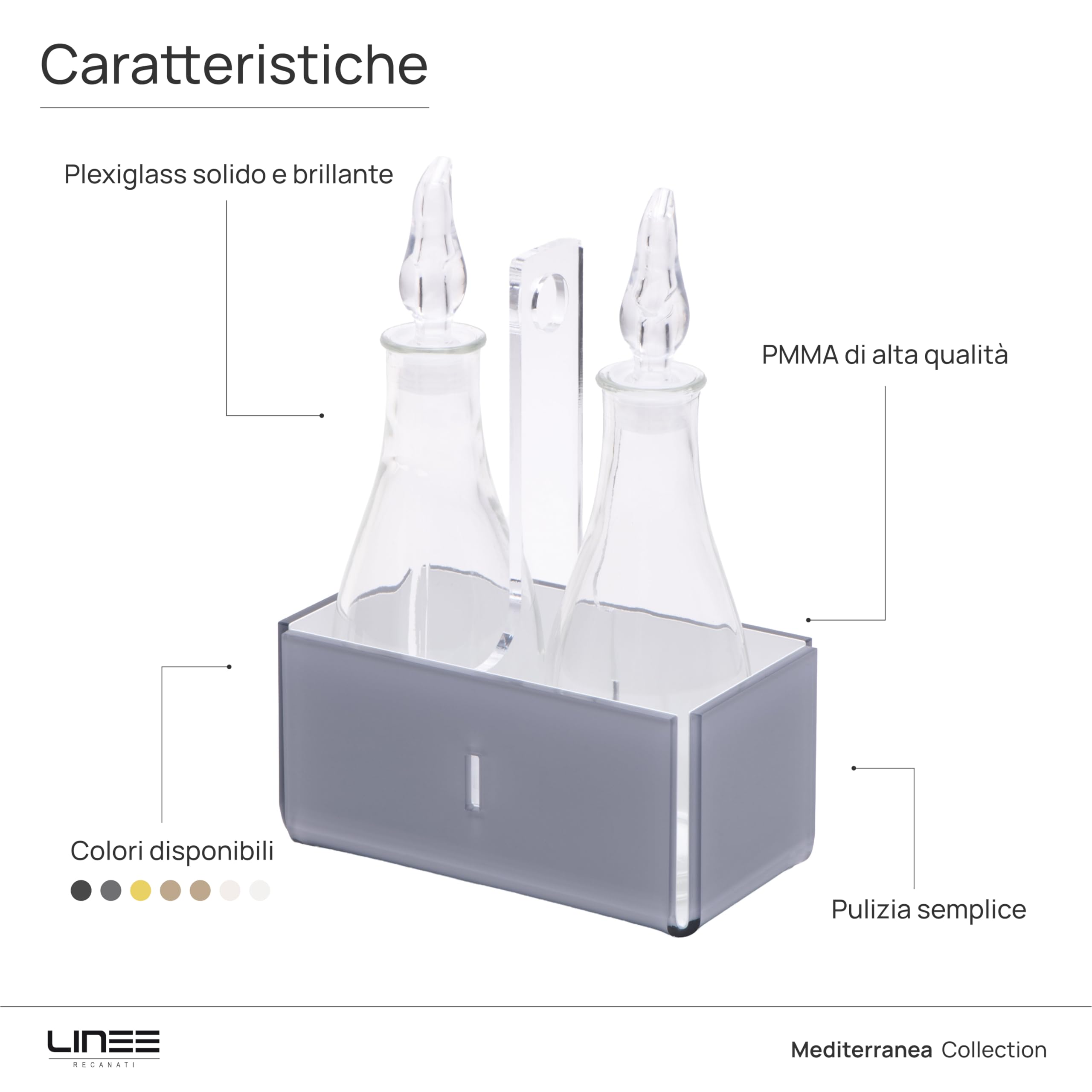 LINEE Recanati Mittelmeerraum für Öl und Essig – Gewürz-Set aus PMMA und Glas 18 x 10 x 23 cm – zeitgenössische Eleganz für den Tisch – Made in Italy (transparent grau/weiß)
