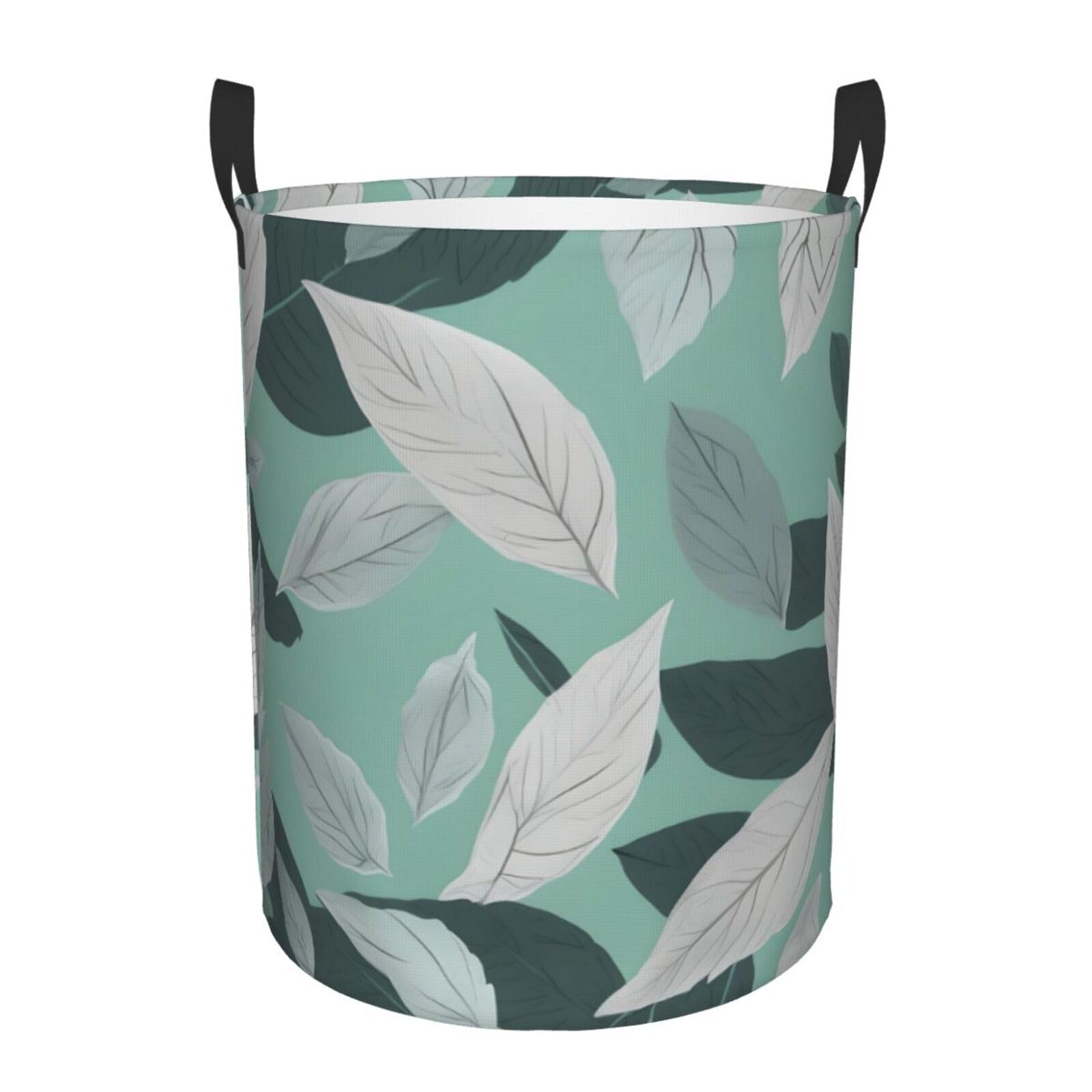 S Collapsible Laundry Hamper Round Mint Gray Leaves Print Storage