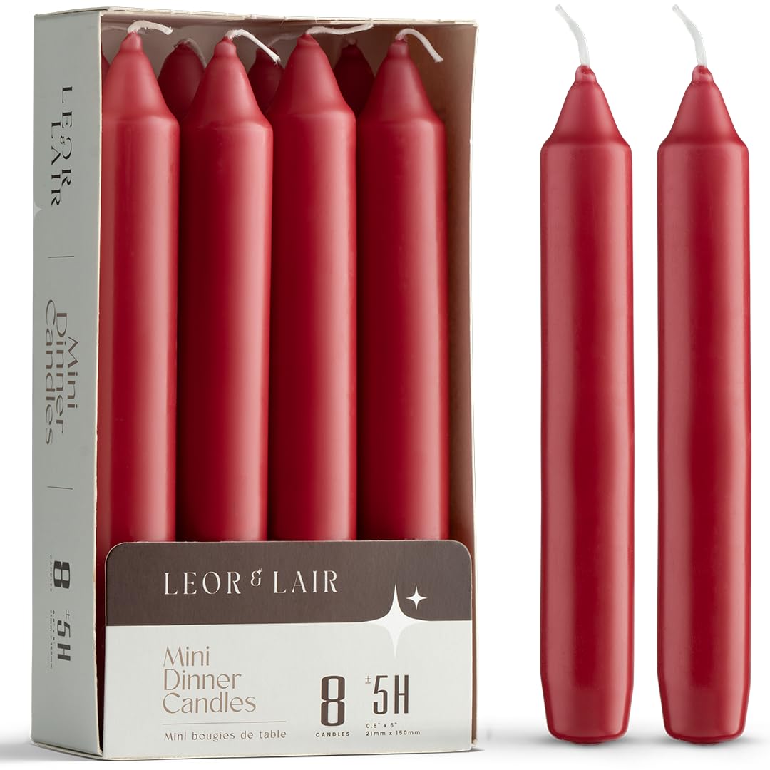 Leor & Lair Red Candlesticks - Pack of 8 Short Taper Candles with Cotton Wick - 5 Hour Burn Mini Red Candles Sticks for Romantic Dinners, Valentines