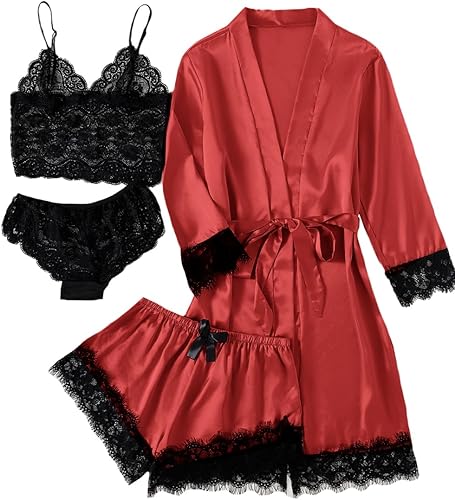LYANER Conjunto de pijama de 4 piezas para mujer con ribete de encaje floral satinado con bata