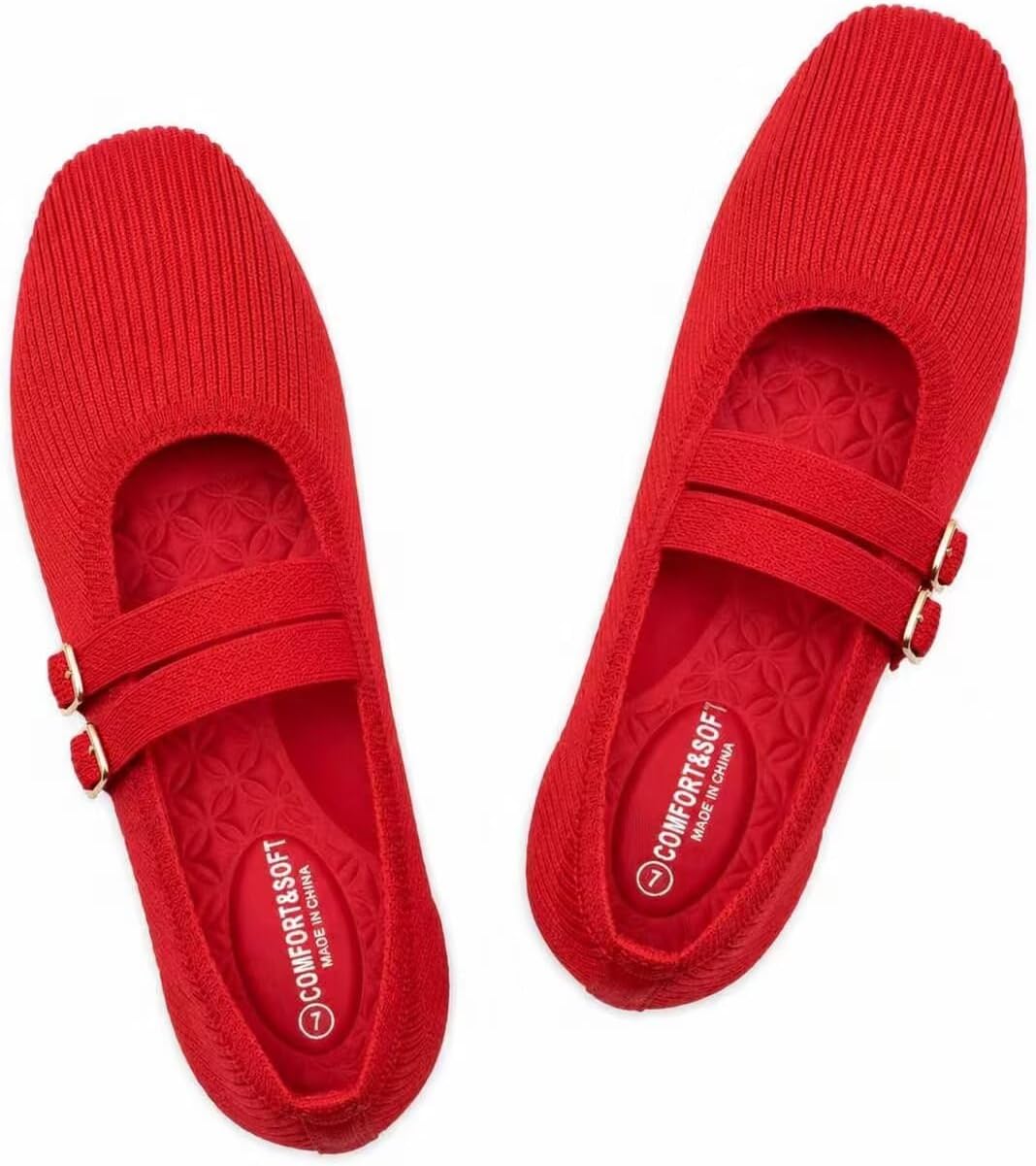 Frank Mully Women's Flats Square Toe Mary Jane Shoes Ballet Flats with Strap Comfortable Slip On Knit Shoes Dressy Casual