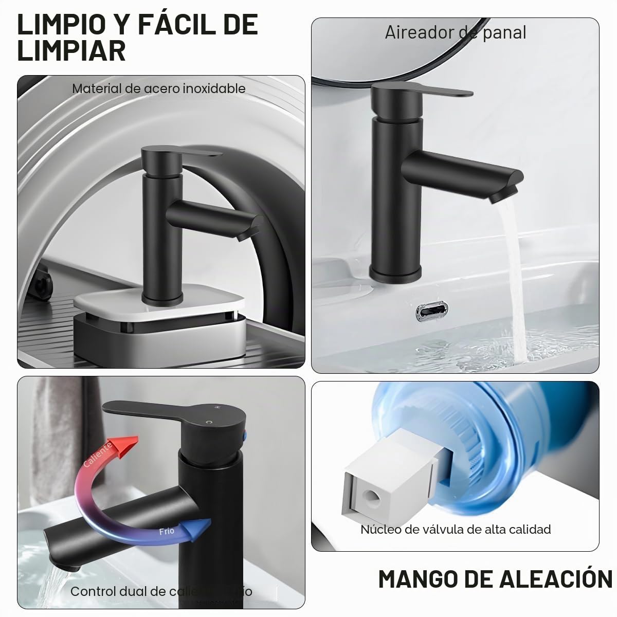 Grifo Lavabo Negro, Monomando Lavabo, Grifo Lavabo Negro Mate Con Dos Mangueras, Grifos Para Lavabos De Baño Para Aseos, Cuartos De Baño (A)