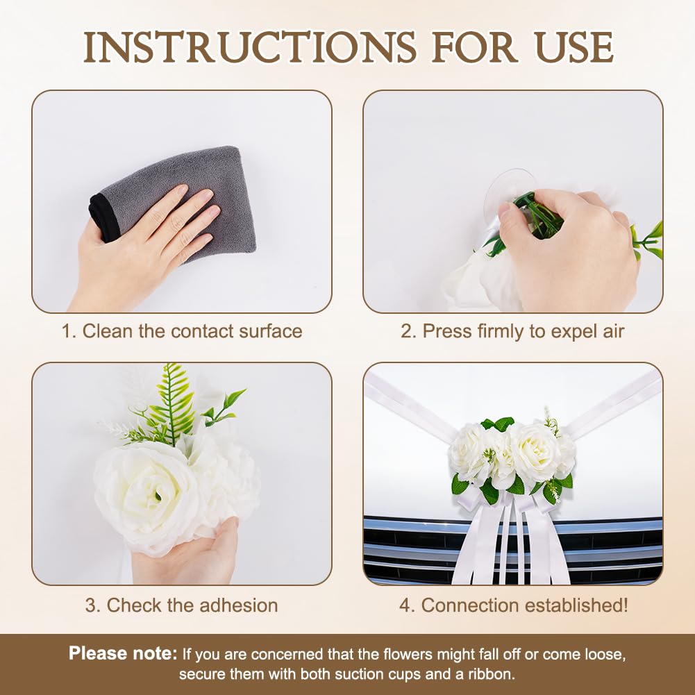 Déco de Voiture de Mariage, Kit de Décoration de Voiture de Mariageavec 3 Roses 4 Nœud 1 Tulle & 1 Ruban Adhésif, Deco Mariage Voiture pour Mariage Réception Cérémonie Fête