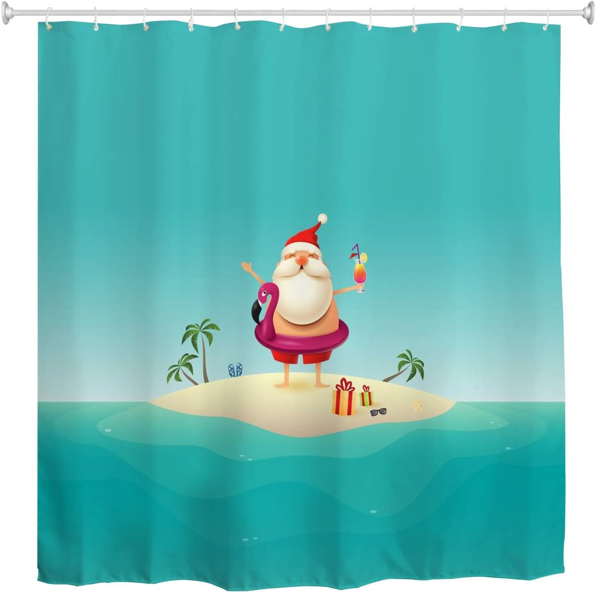 AO BLARE Beach Christmas Shower Curtain, Santa Claus Holiday on Sandy Island at Ocean Inflatable Flamingo Polyester Fabric Bathroom Curtain with 12 Hooks 72X72 Inches