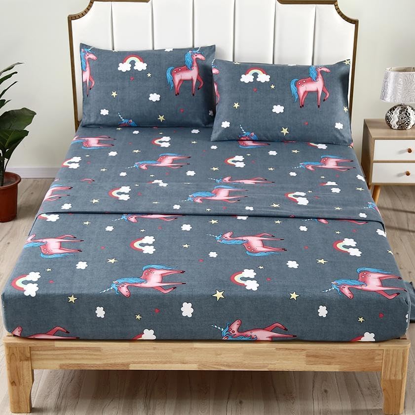 SDIII 4PCS Gray Unicorn Sheets Set Full, Soft Microfiber Deep Pocket Cute Unicorn Bed Sheets Full Size for Girls Boys Kids Teens All Season